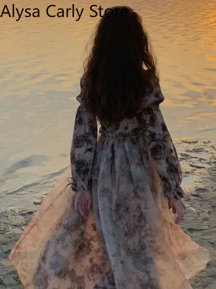 Autumn Floral Fairy Dresses for Women Luxury Designer Slim Korean Princess Dresses Female Chic Elegant Casual Party Dresses