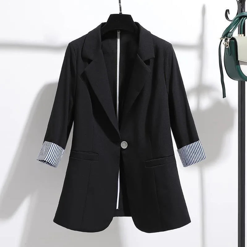 Women Solid Blazers Coat Fashion Slim Suits Female Casual Three-Quarter Sleeve Chic Tops Thin Office Lady Blazer Spring Summer Black