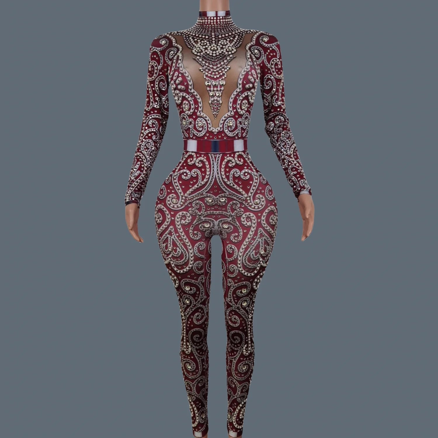 Classic Rhinestones Pearls Spandex Jumpsuit Women Nightclub Party Elastic Sexy Bodysuit Showgirl Performance Stage Wear Quanquan