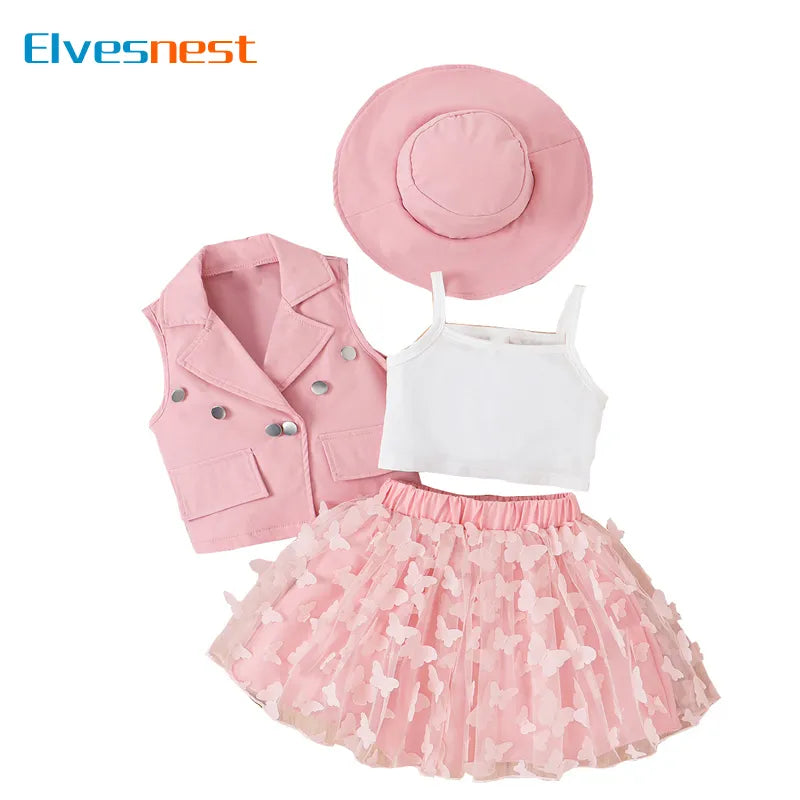 Mode enfants fille vêtements ensembles 4 pièces coton hauts sans manche gilet jupe chapeau été enfants vêtements filles tenue 4-7 ans 