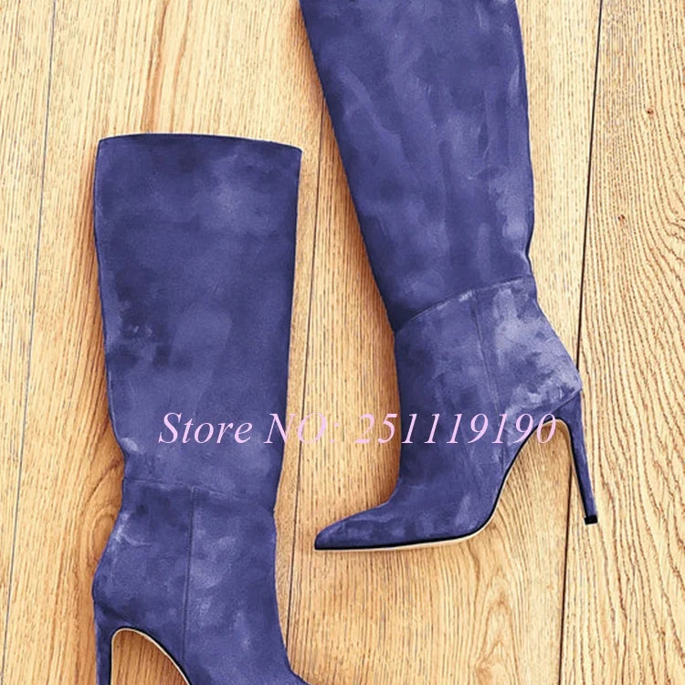 Royal Blue Boots Suede Pointed Toe Botas Women Luxury Designer Shoes Winter 2025 Pull On Slip On Stiletto Knee-high Booties New