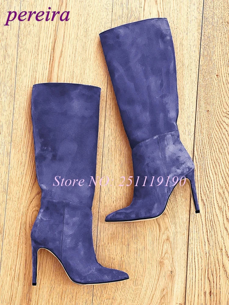 Royal Blue Boots Suede Pointed Toe Botas Women Luxury Designer Shoes Winter 2025 Pull On Slip On Stiletto Knee-high Booties New