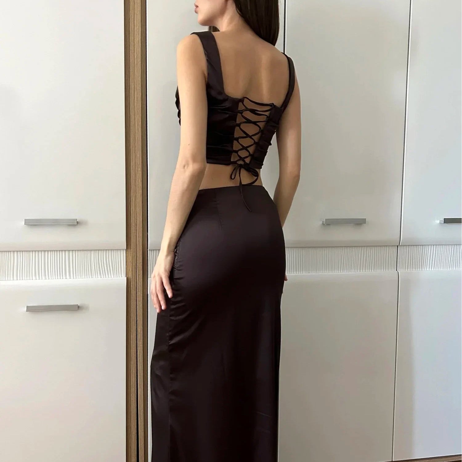 Suninheart Wine Christmas Dress Women Satin 2 Piece Dress Set Elegant Bodycon Corset Cropped Top and Long Skirt Women Clothing