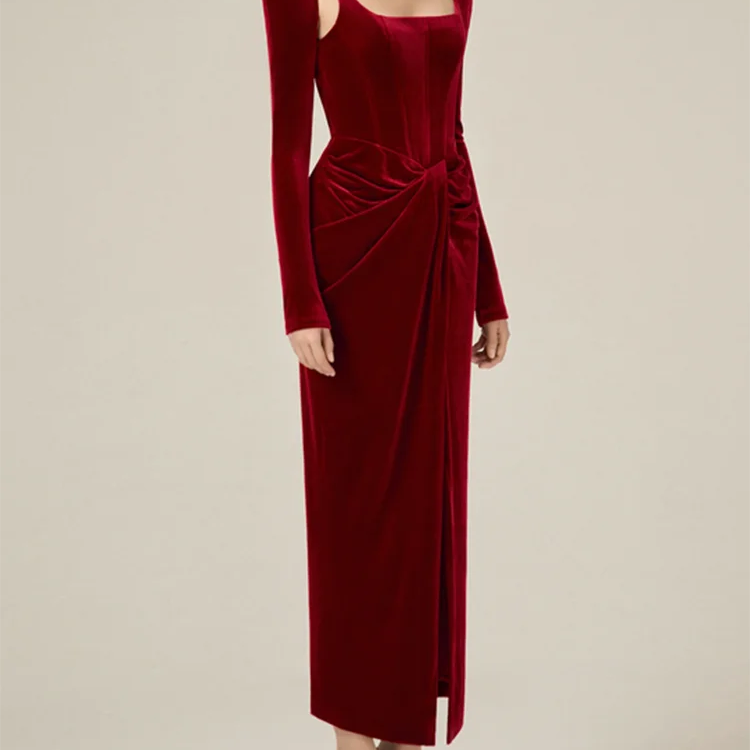 Solid Patchwork Folds Elegant Dresses For Women Square Collar Long Sleeve High Waist Split Slimming Dress Female