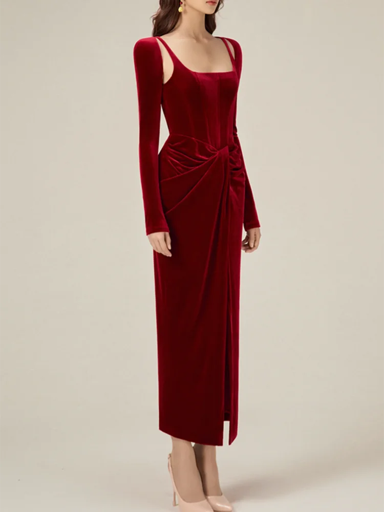 Solid Patchwork Folds Elegant Dresses For Women Square Collar Long Sleeve High Waist Split Slimming Dress Female