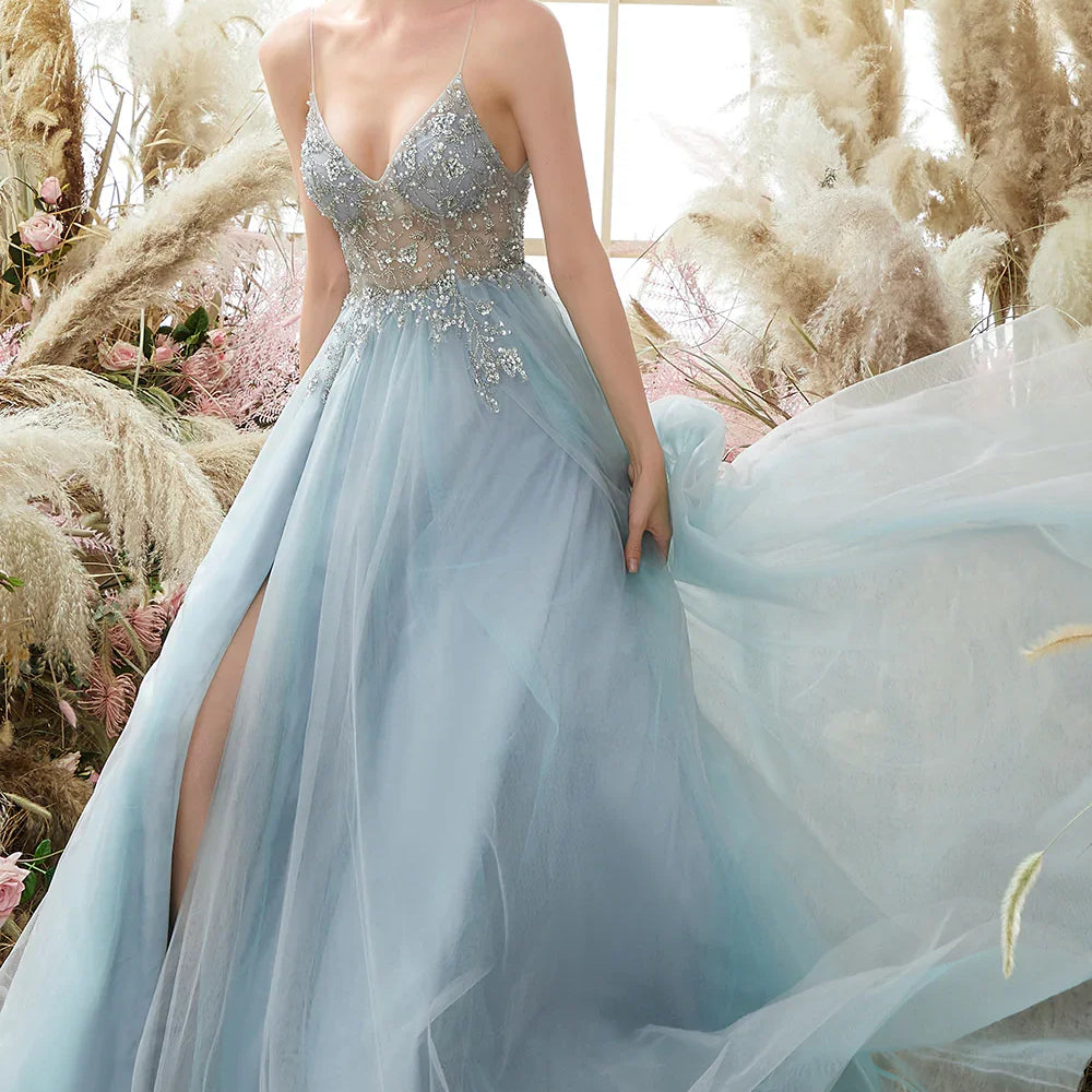 Sexy Prom Dresses with Slit Gorgeous Crystal Beads Backless V Neck Spaghetti Straps Formal Evening Gown
