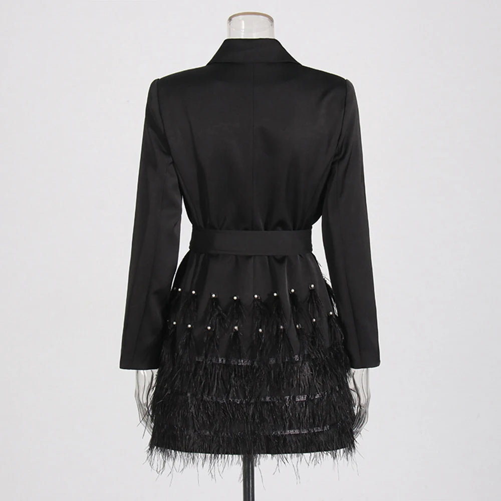 TWOTWINSTYLE Solid Spliced Bead Fashion Mini Dresses for Women Lapel Long Sleeves Patchwork Button Elegant Dress Female Clothing