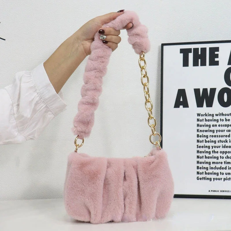 Women Faux Fur Handbags with Metal Chain Lady Ruched Shoulder Bag Armpit Casual Square Hobos Crossbody Winter Pink