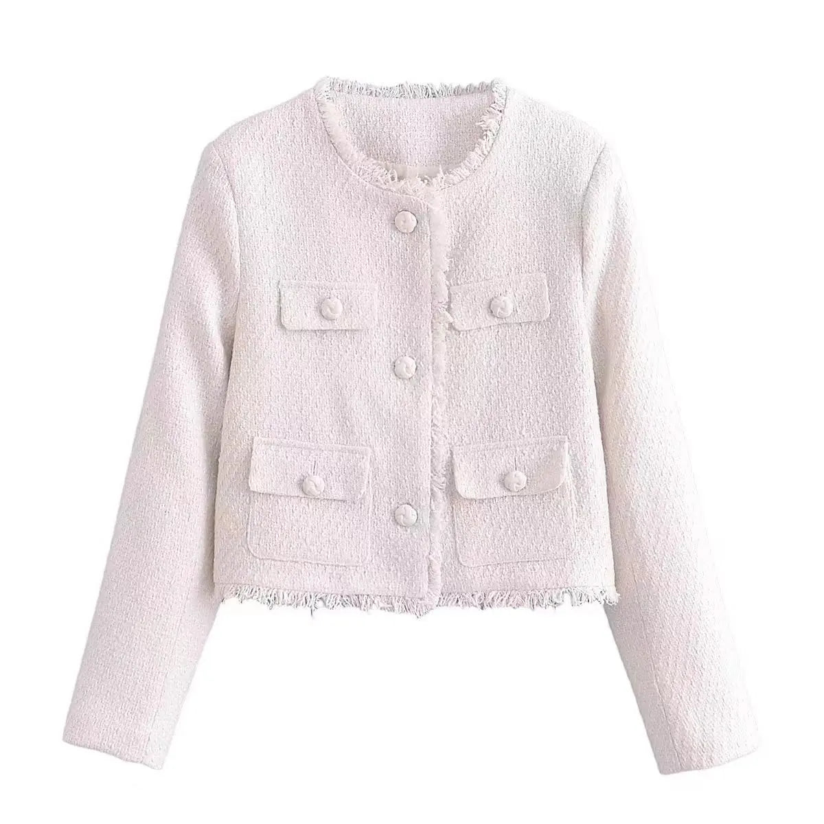 Short Tweed Coat Women Autumn Fashion Elegant O-neck Long Sleeve Botton Frayed Pockets Jackets Female Outwear Office Lady Coats white 2