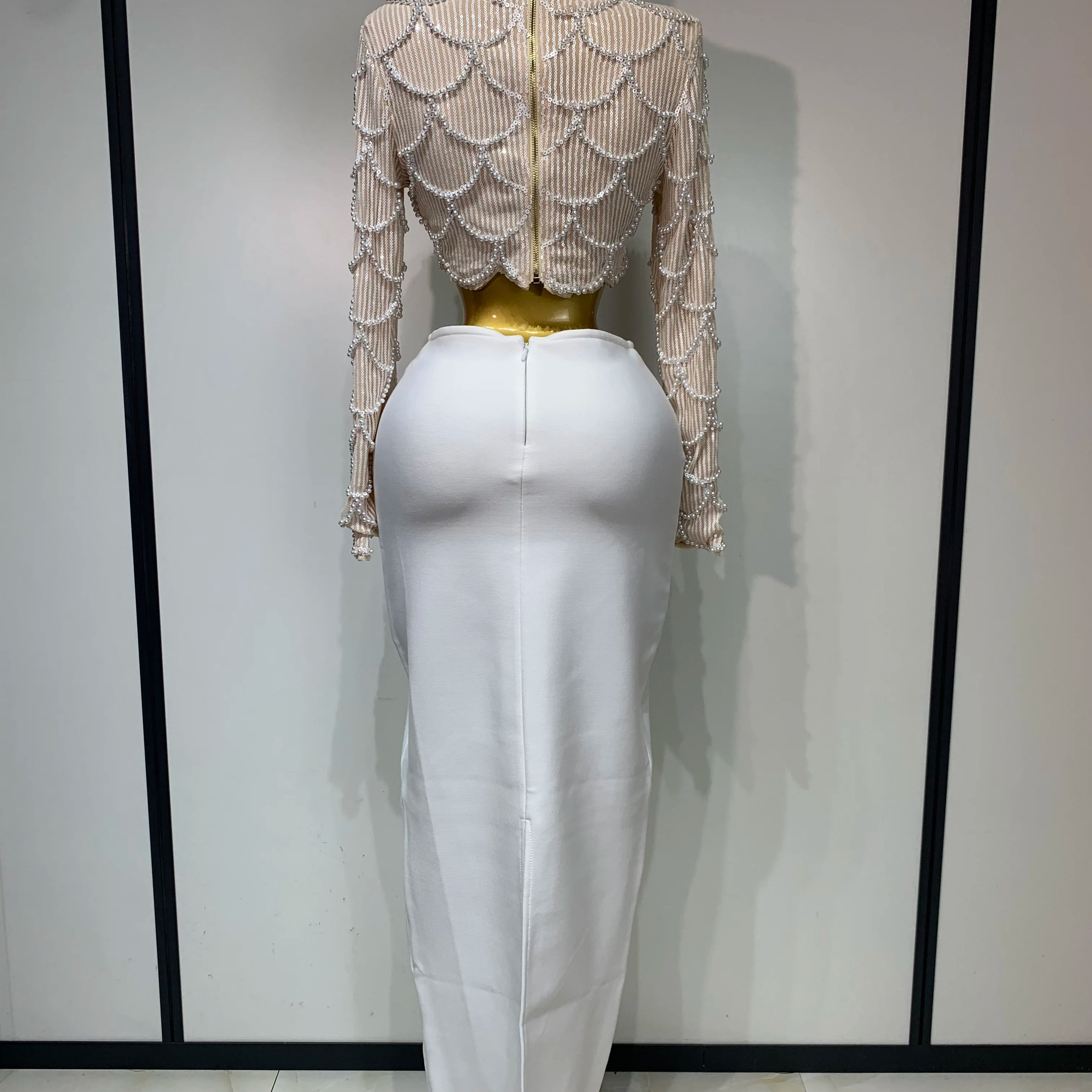 Women Long Sleeve Sexy Beading Tops Two Pieces Set Bodycon Long Bandage Dress Luxury Birthday Evening Party Wedding Guest Gowns