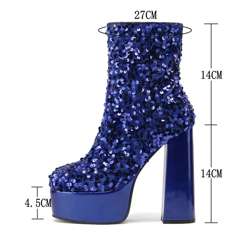 New Fashion Sequined Women Boots Platform Square High Heel Ankle Boots Autumn Winter Female Punk Boots Purple Blue Pink Gold