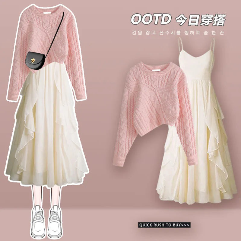 Women's Spring Autumn Fashion Cross Knitted Sweater+Strap Dress Two Piece Korean Elegant New in Matching Set Femlae Skirt Set 04