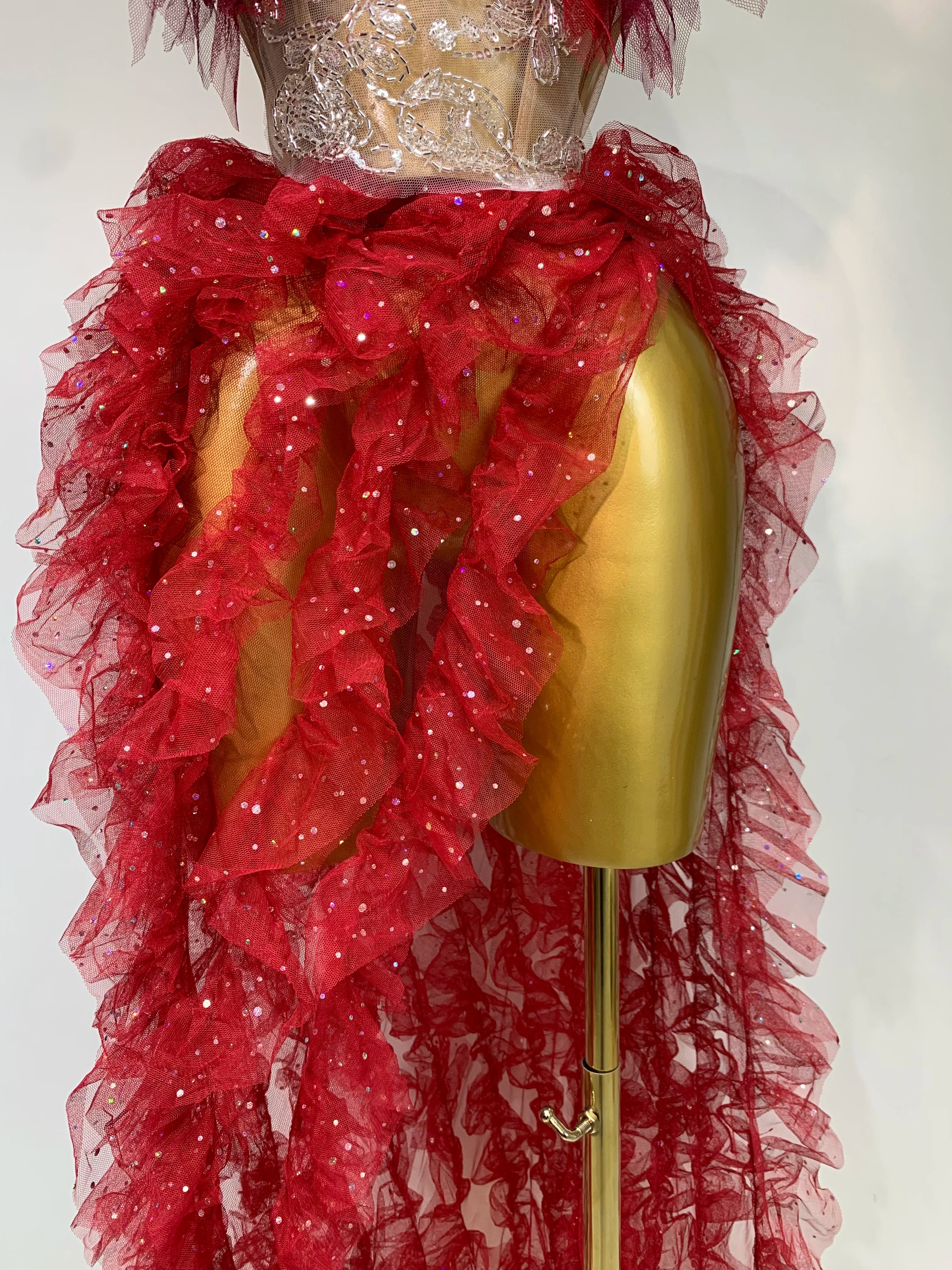 Women Sexy Strapless Mesh two Pieces Set Bodycon Long Dress High Split Nightclub Party Luxury Birthday  Singer Stage Outfit