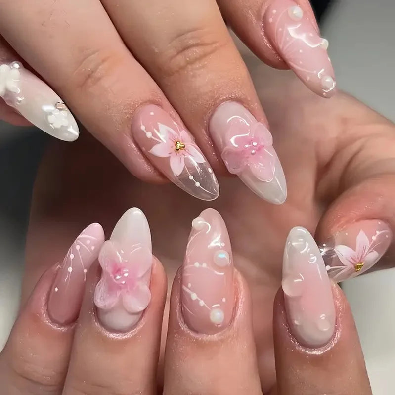 24Pcs/box Mid-length 3D Floral Pearl Design False Nail Sweet Flower Pattern Elegant Girls Wearing Press on Nails Manicure Tips