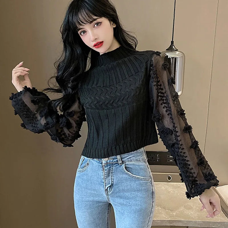 Women Half High Collar Sweaters Jumper Bubble Sleeve Mesh Stitching Tight Slim Short Knitted Tops Sweet Flowers Chiffon Shirt