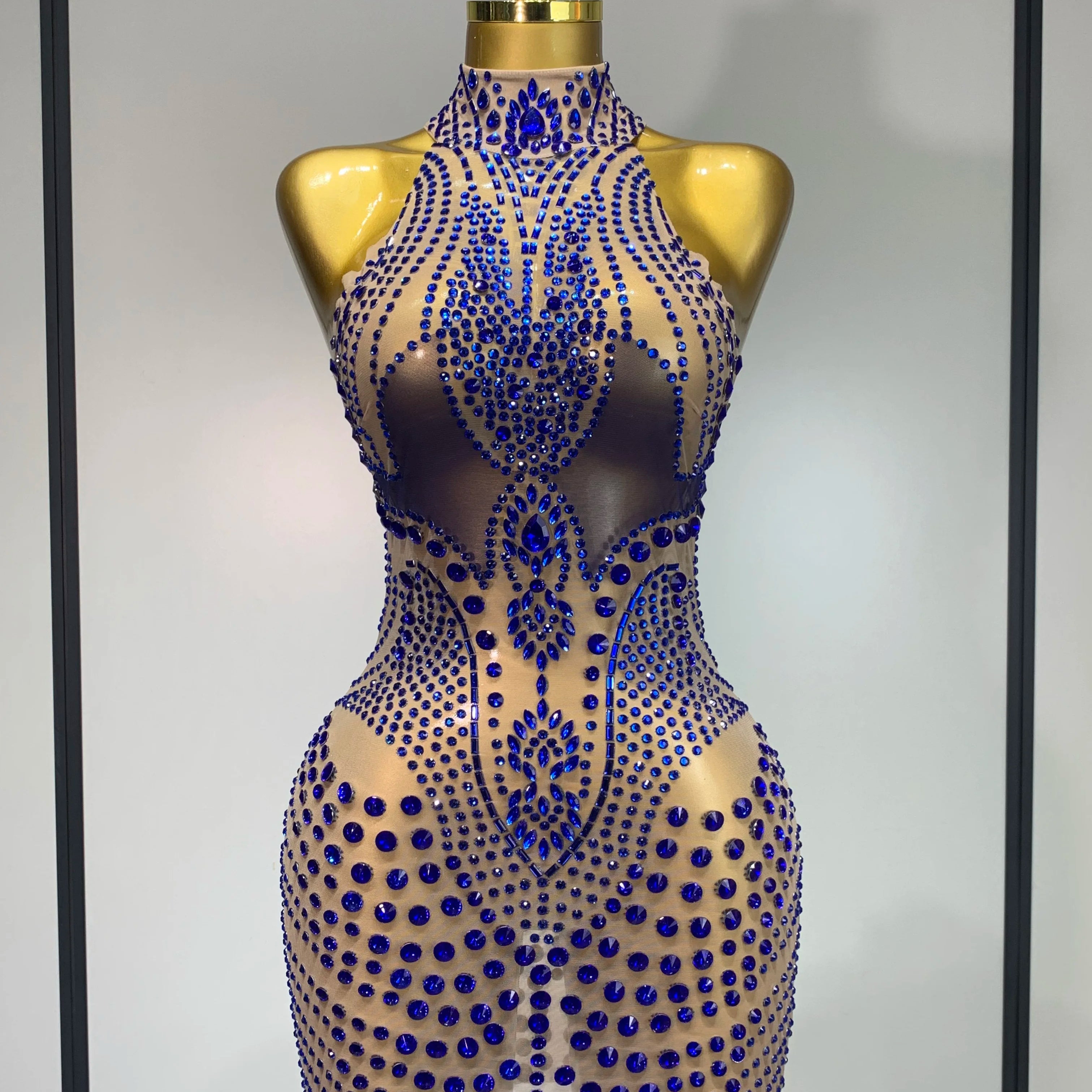 Luxury Birthday Dress Women Rhinestones Sexy Transparent Mesh Mini Dress Evening Party Nightclub Stage Performance Costume