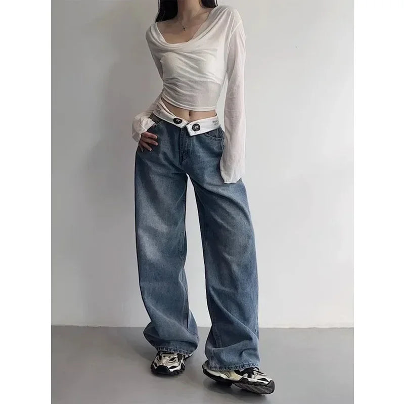Vintage Y2k Jeans Women Baggy Kpop Gyaru Streetwear Wide Blue Denim Pants Harajuku Korean Acubi Fashion High Waist Jeans Blue
