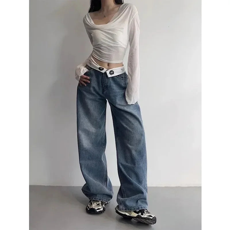 Vintage Y2k Jeans Women Baggy Kpop Gyaru Streetwear Wide Blue Denim Pants Harajuku Korean Acubi Fashion High Waist Jeans Blue