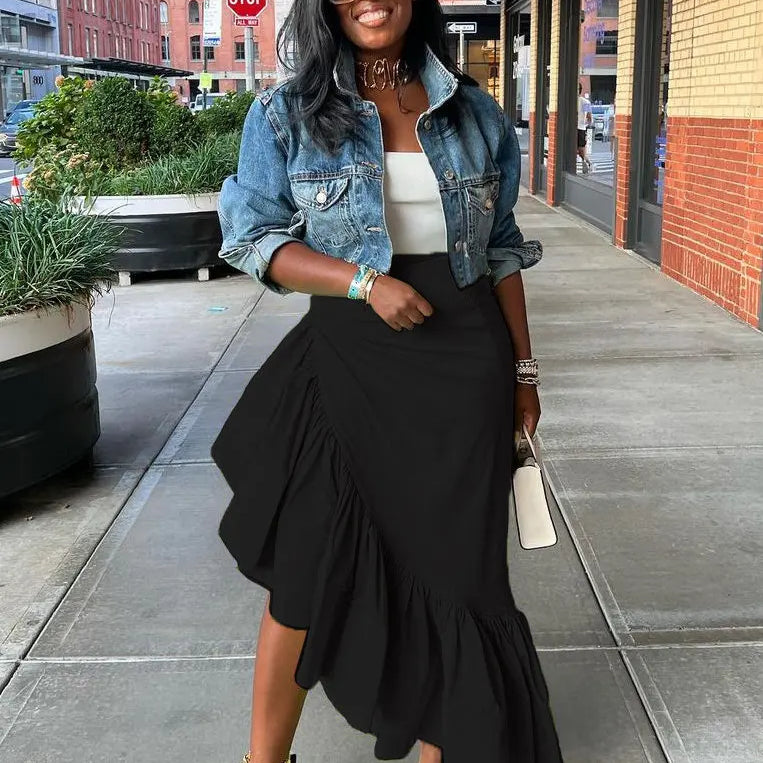 CM.YAYA Women Ruffles Hem Asymmetrical High Waist Maxi Long Skirt 2022 Autumn Winter Streetwear INS Fashion Skirts