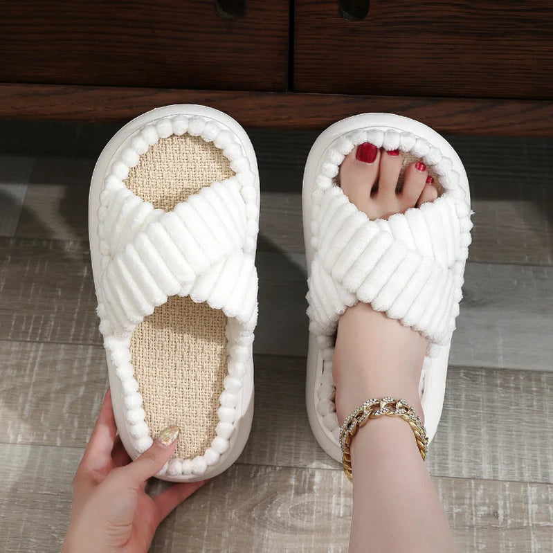 Autumn Winter Women Home Slippers Open-Toe Cross Band Linen Soled Indoor Slides Linen Soled Non-Slip Bathroom Slippers