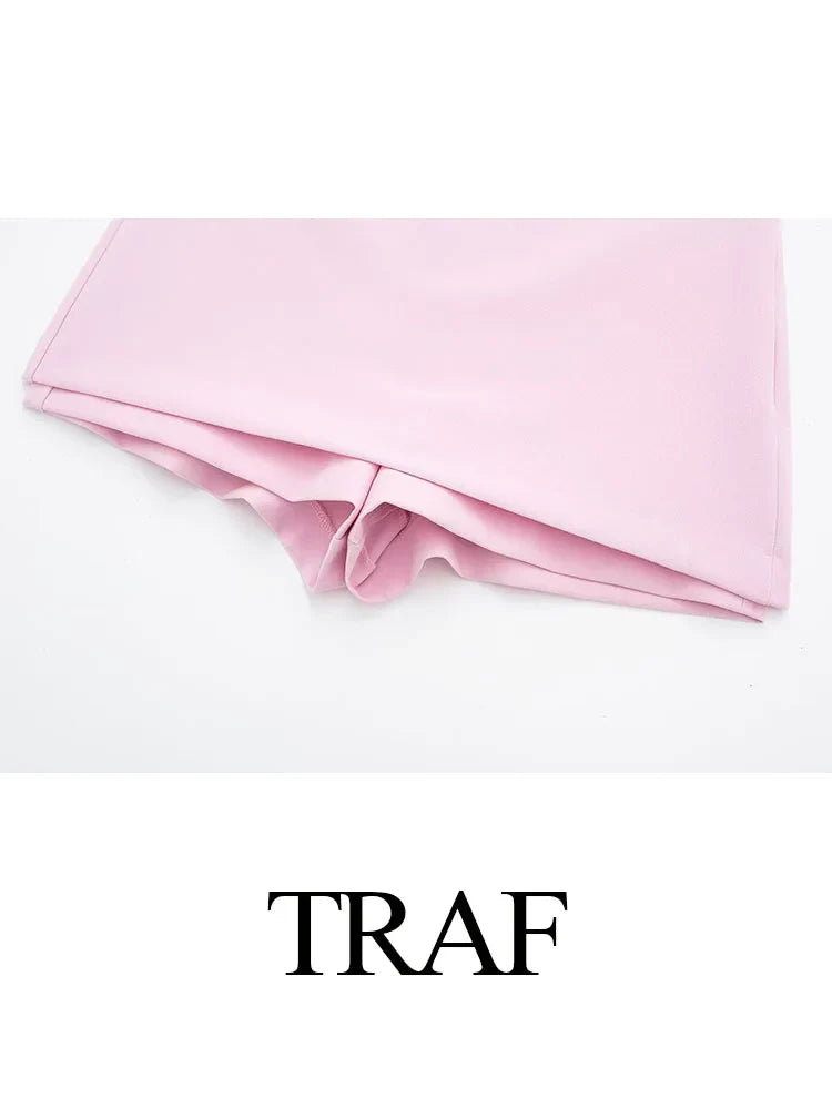 TRAF Summer Women Pink Shorts 2 Pieces Set High Waist Mini Skirts Shorts Sexy V-Neck Sleeveless Backless Suspender Zipper Top