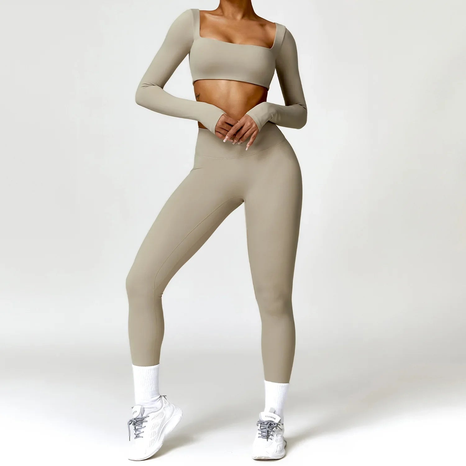 Women Tracksuit Yoga Set 2PCS Sportswear Workout Clothes Athletic Wear Gym Legging Fitness Bra Crop Top Long Sleeve Sports Suits Camel Brown Set-4 CHINA