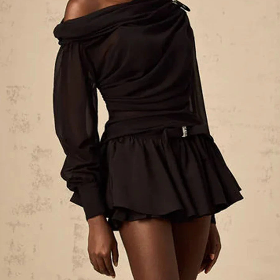 Solid Loose Two Piece Sets for Women Diagonal Neck Long Sleeves Spliced Bow Top Patchwork Ruffles Skirt Female New