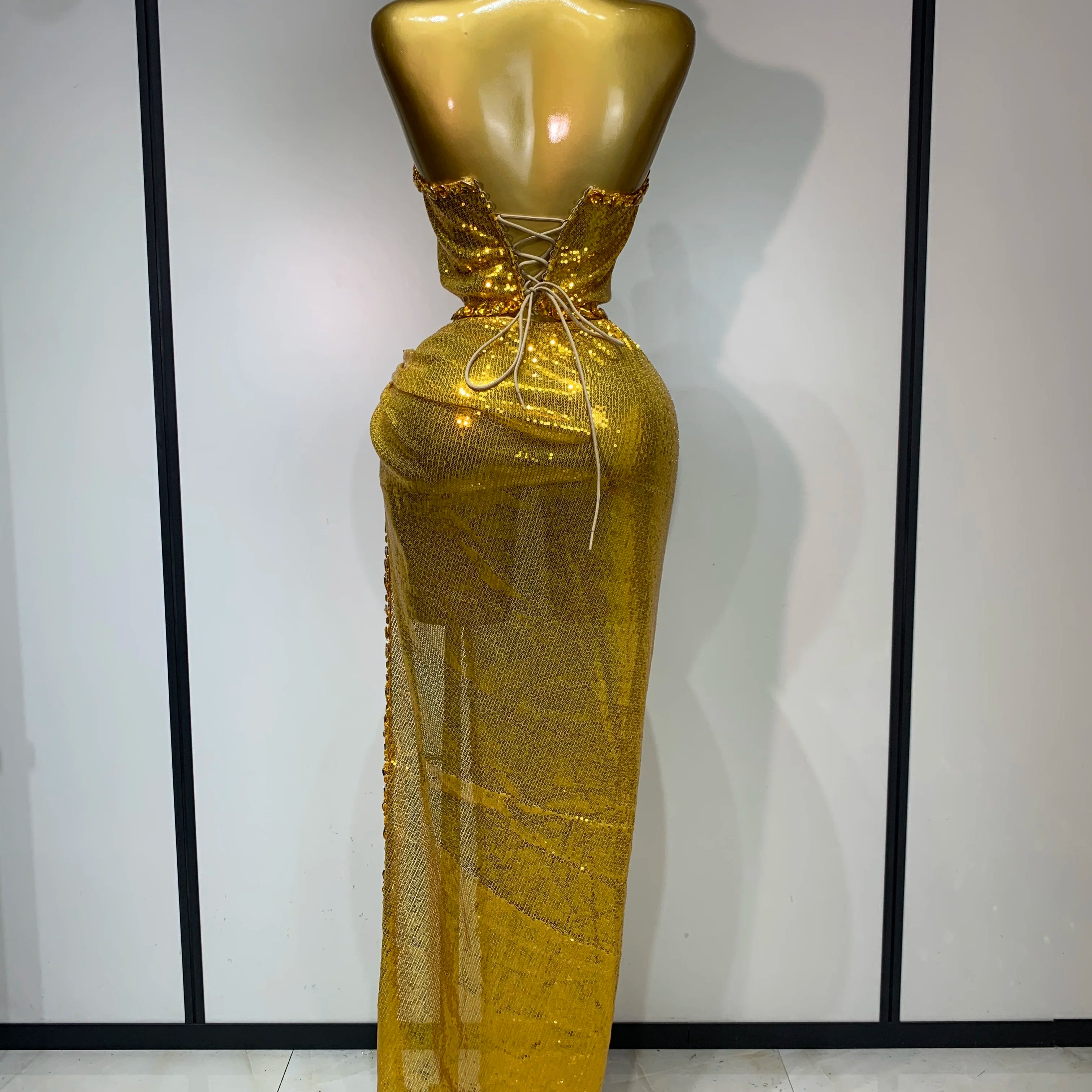 Ensemble deux pièces pour femme, haut et jupe longue à strass dorés scintillants, costume de danseuse, de chanteuse, de discothèque, robe d'anniversaire de luxe