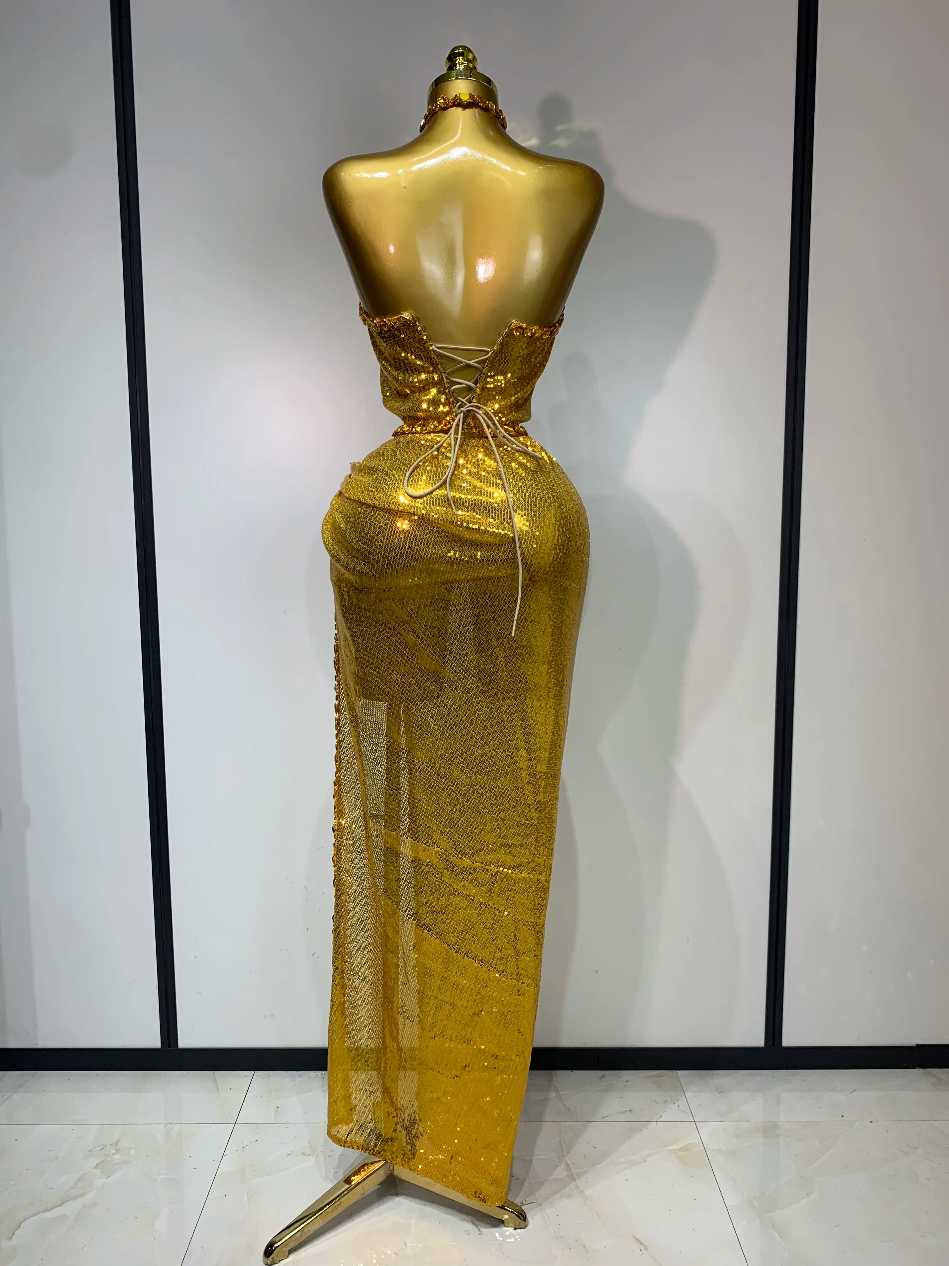 Ensemble deux pièces pour femme, haut et jupe longue à strass dorés scintillants, costume de danseuse, de chanteuse, de discothèque, robe d'anniversaire de luxe