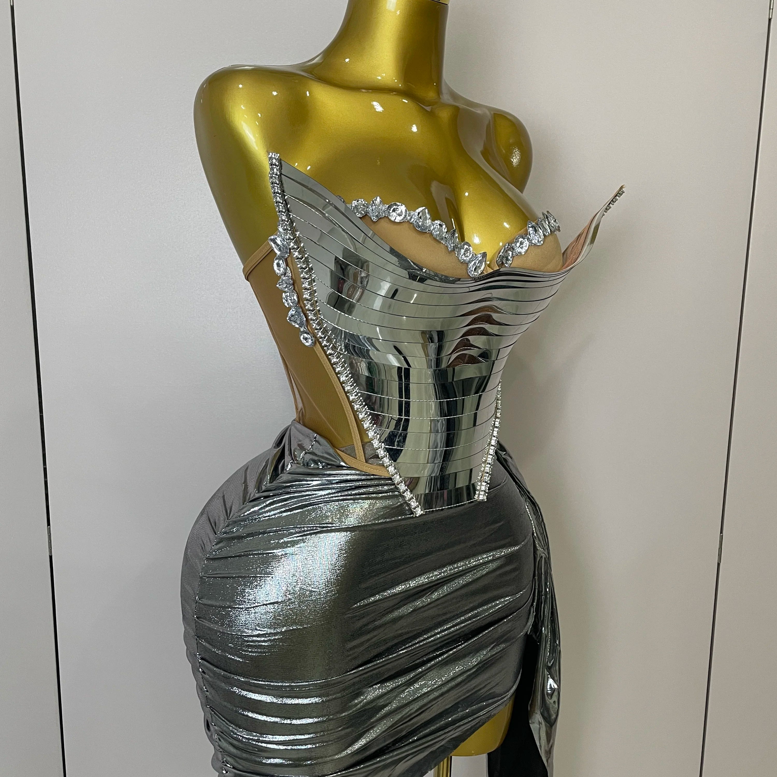 2025 Sparkly Gold Sequin Sexy Top Two Pieces Set Women Celebrate Party Birthday NightClub Performance Dancer Show Stage Outfit