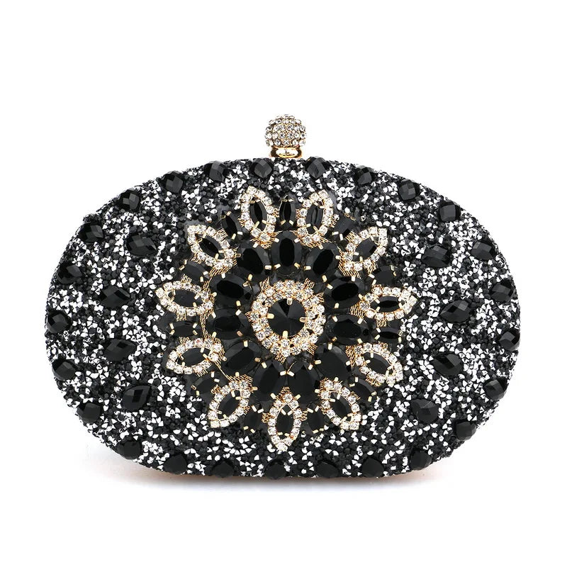 Diamonds Purple Color Women Evening Bags Flower Rhinestones Egg Design Fashion Female Clutch Handbags YM3108black