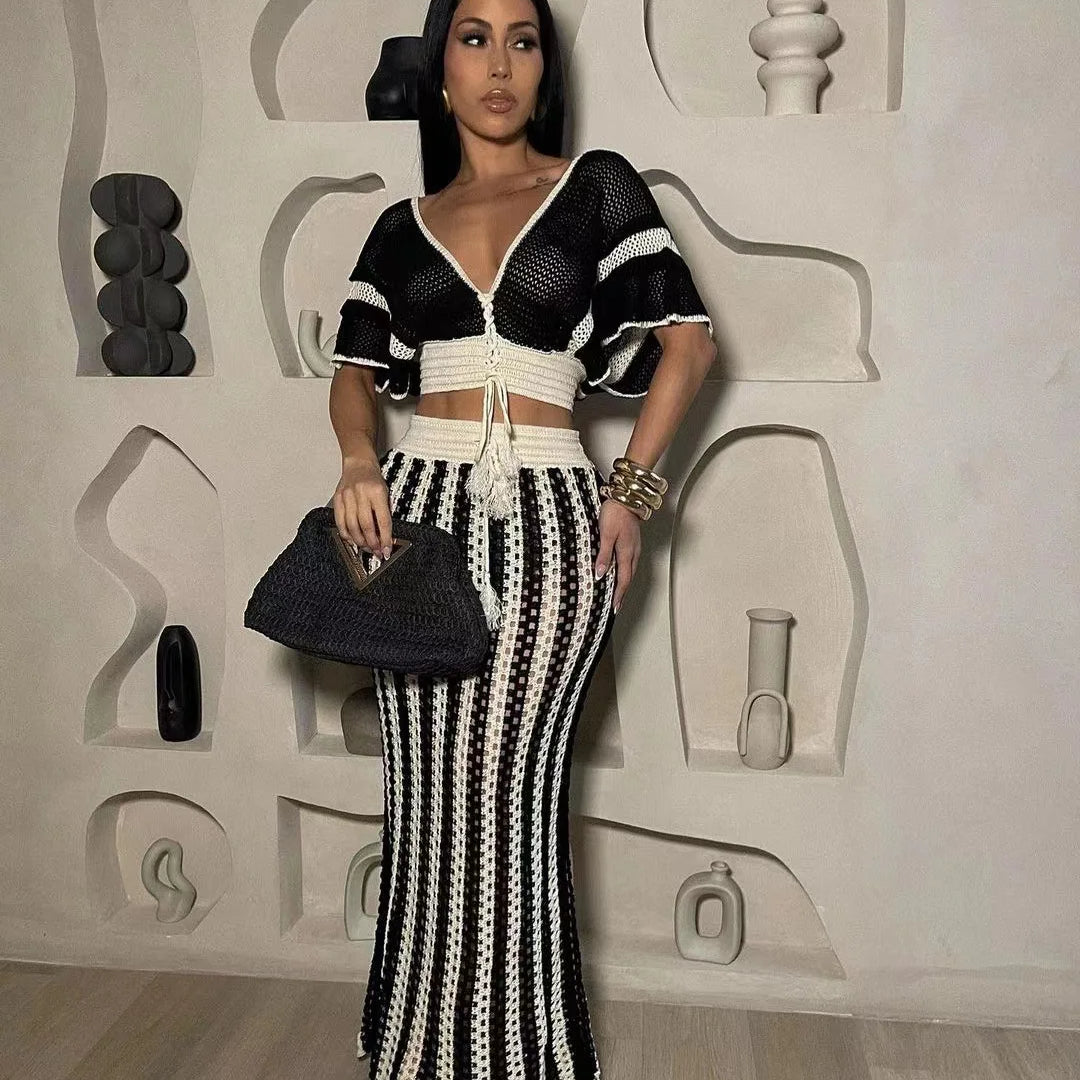 CM.YAYA Women's Set Short Sleeve V-neck Top + Long Skirts Suit Summer Knitted Hollow Out Streetwear Beach Sexy Two 2 Piece Sets