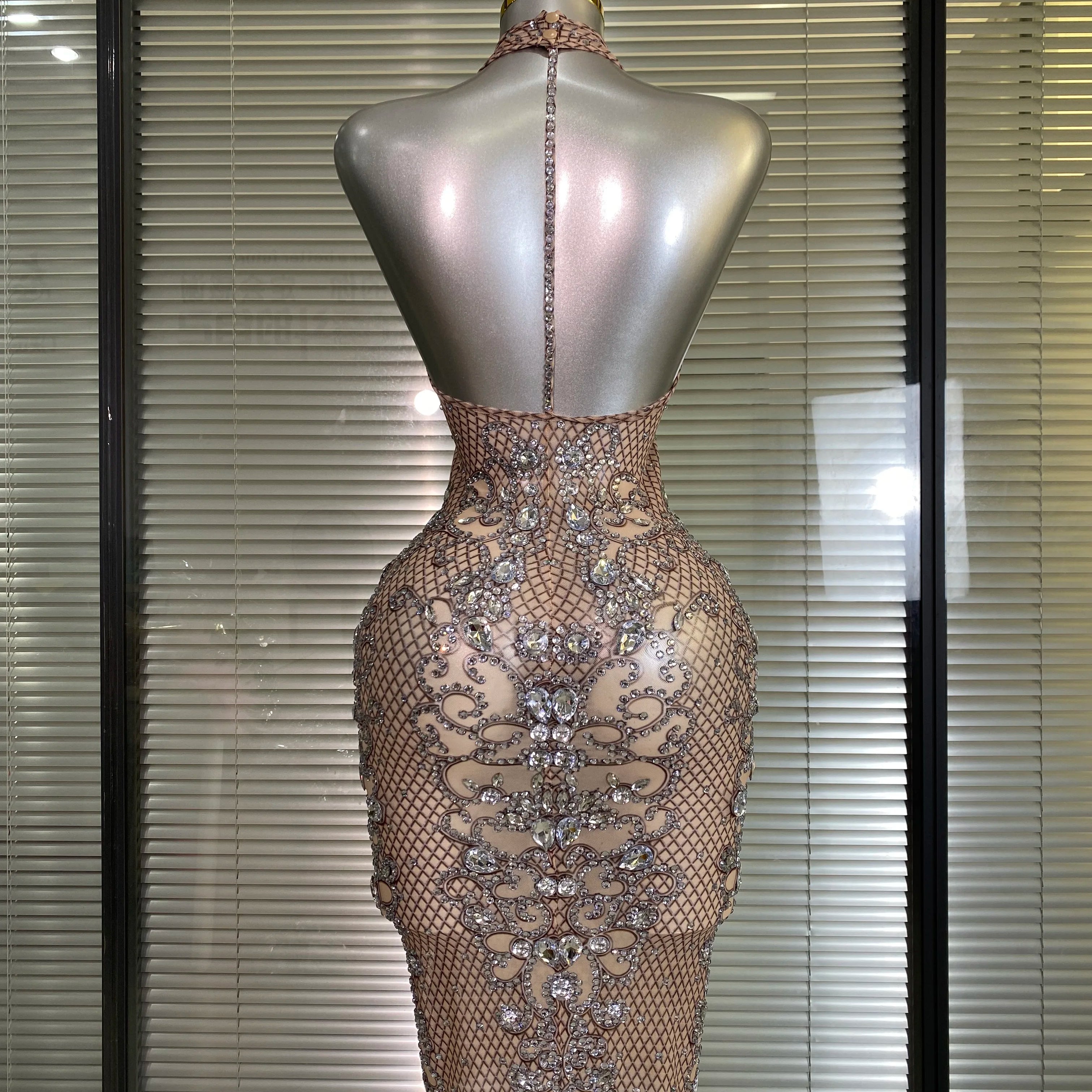 Women Sexy Mesh Crystal Diamonds Print Performance Costume Stage Dancer See Through Stretchy Night Club Party Dress