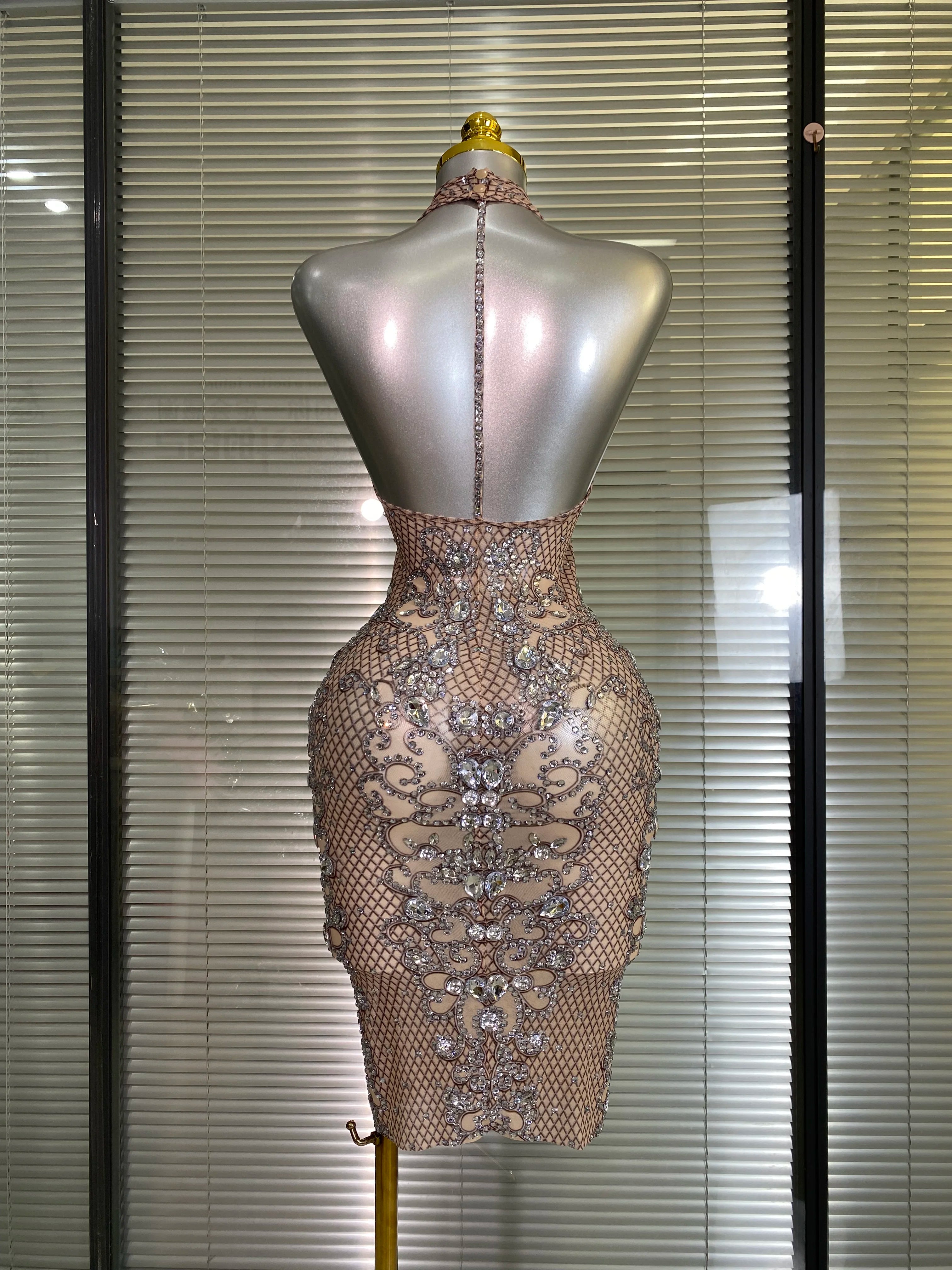 Women Sexy Mesh Crystal Diamonds Print Performance Costume Stage Dancer See Through Stretchy Night Club Party Dress