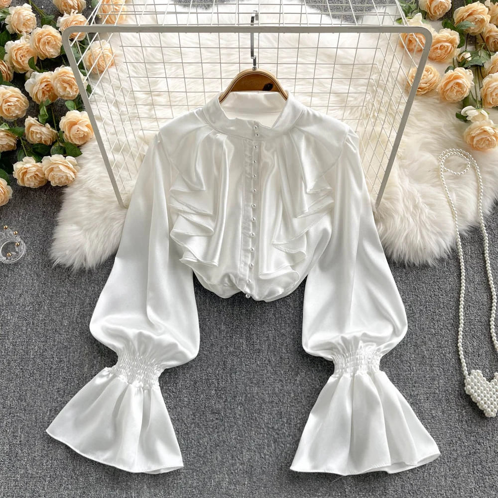 Satin Loose Shirt Long Flared Sleeves Ruffles O Neck Beading Women Gentle Office Lady Casual Blouse white One Size