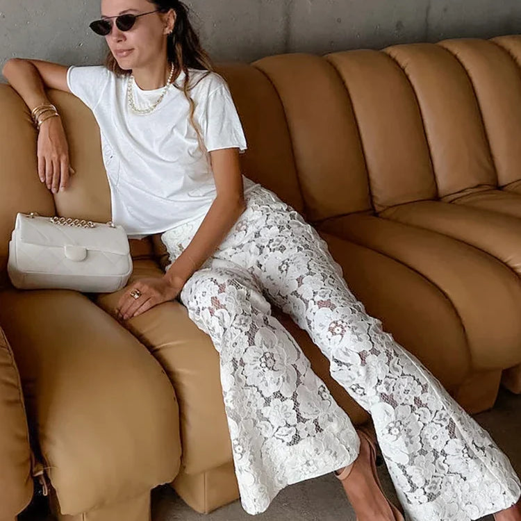 Mnealways18 Sexy Perspective White Flare Pants Summer Women Vacation High Waist Long Trousers Lace Beach Style Female Pants