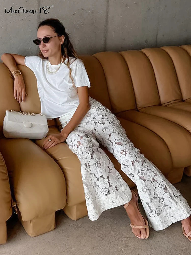 Mnealways18 Sexy Perspective White Flare Pants Summer Women Vacation High Waist Long Trousers Lace Beach Style Female Pants