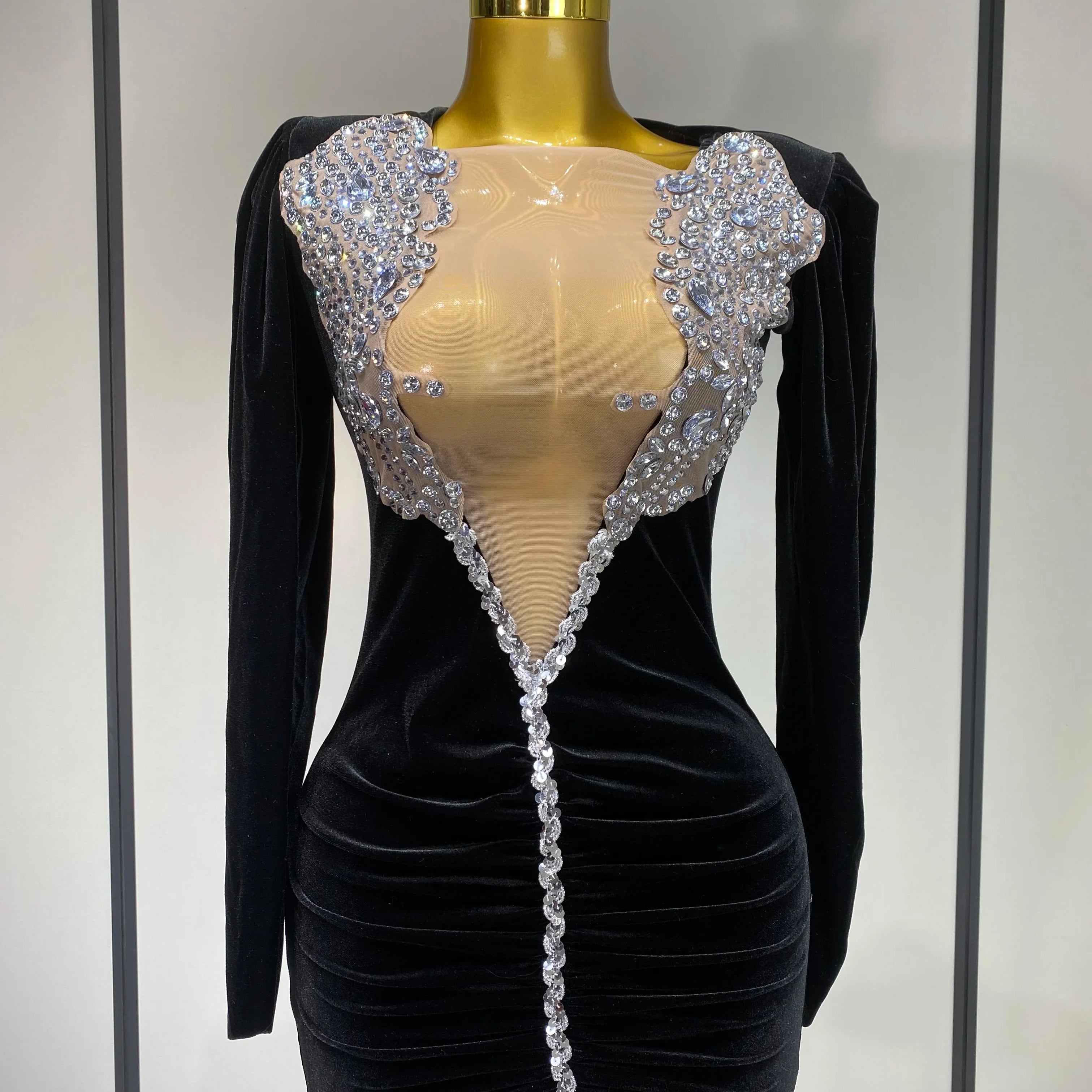 Luxury Birthday Dress Sparkly Crystals Sexy Mesh Velvet Short Dress  Women Elegant Evening Party Nightclub Stage Costume