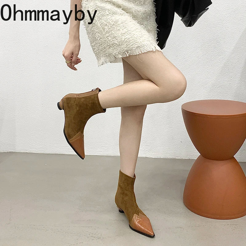 Women Ankle Boots Fashion Pointed Toe Short Booties Ladies Elegant Low Heel Shoes Spring Autumn Comfort Women's Footwear