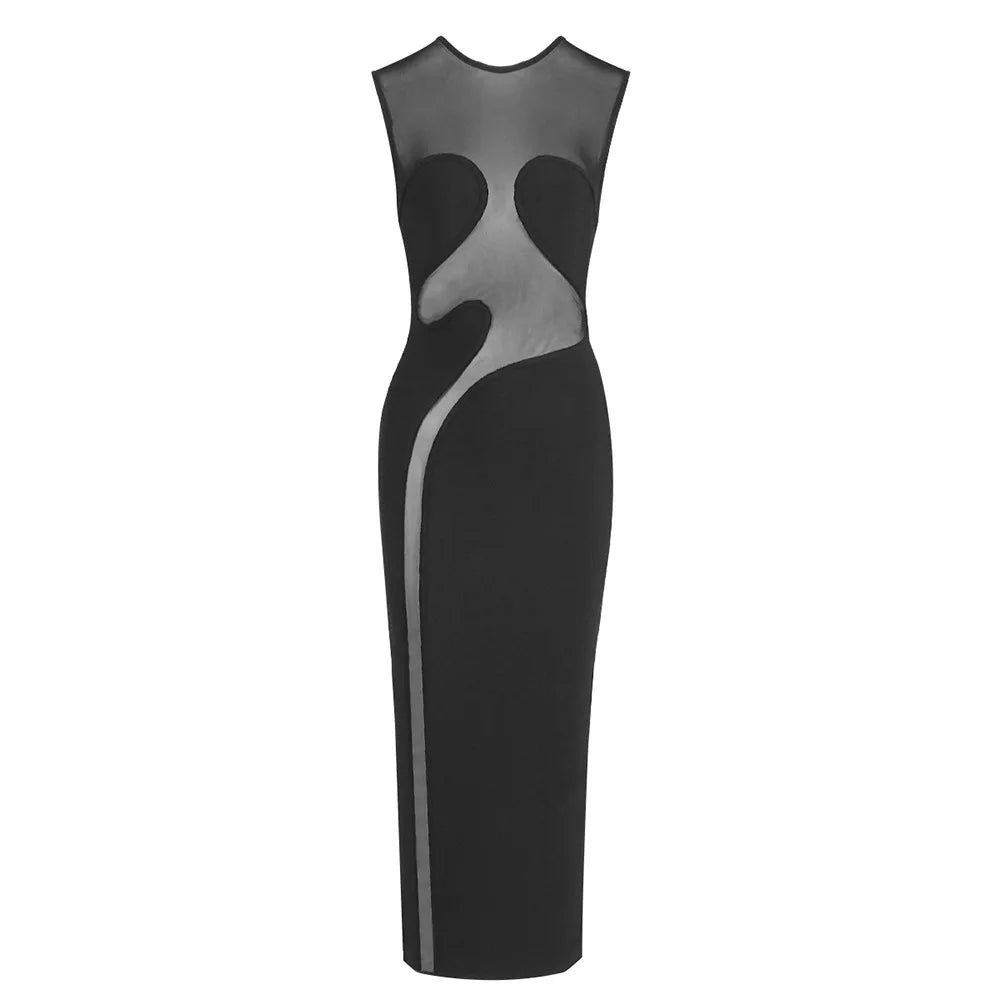Elegant Mesh Patchwork Sleeveless Bodycon Party Club Evening Dress Sexy Bodycon Perspective Vestido 2025 Summer Clothing