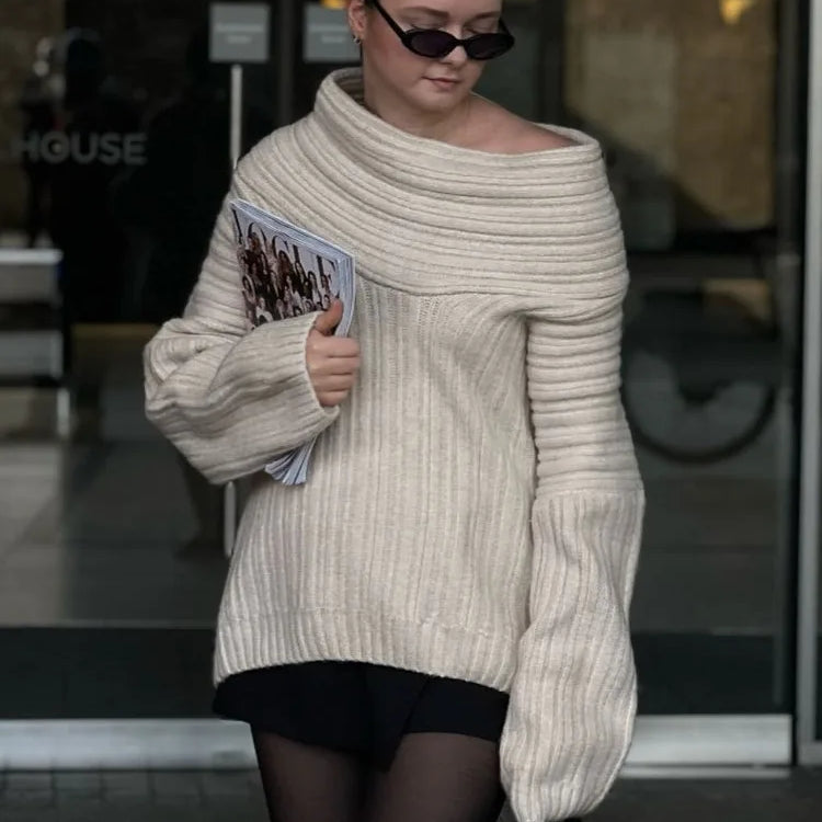 Autumn Oversized Sweater for Women Sexy Slash Neck Knit Pullovers Long Sleeve Women's Sweater Loose-fit Casual Knitwear 2024