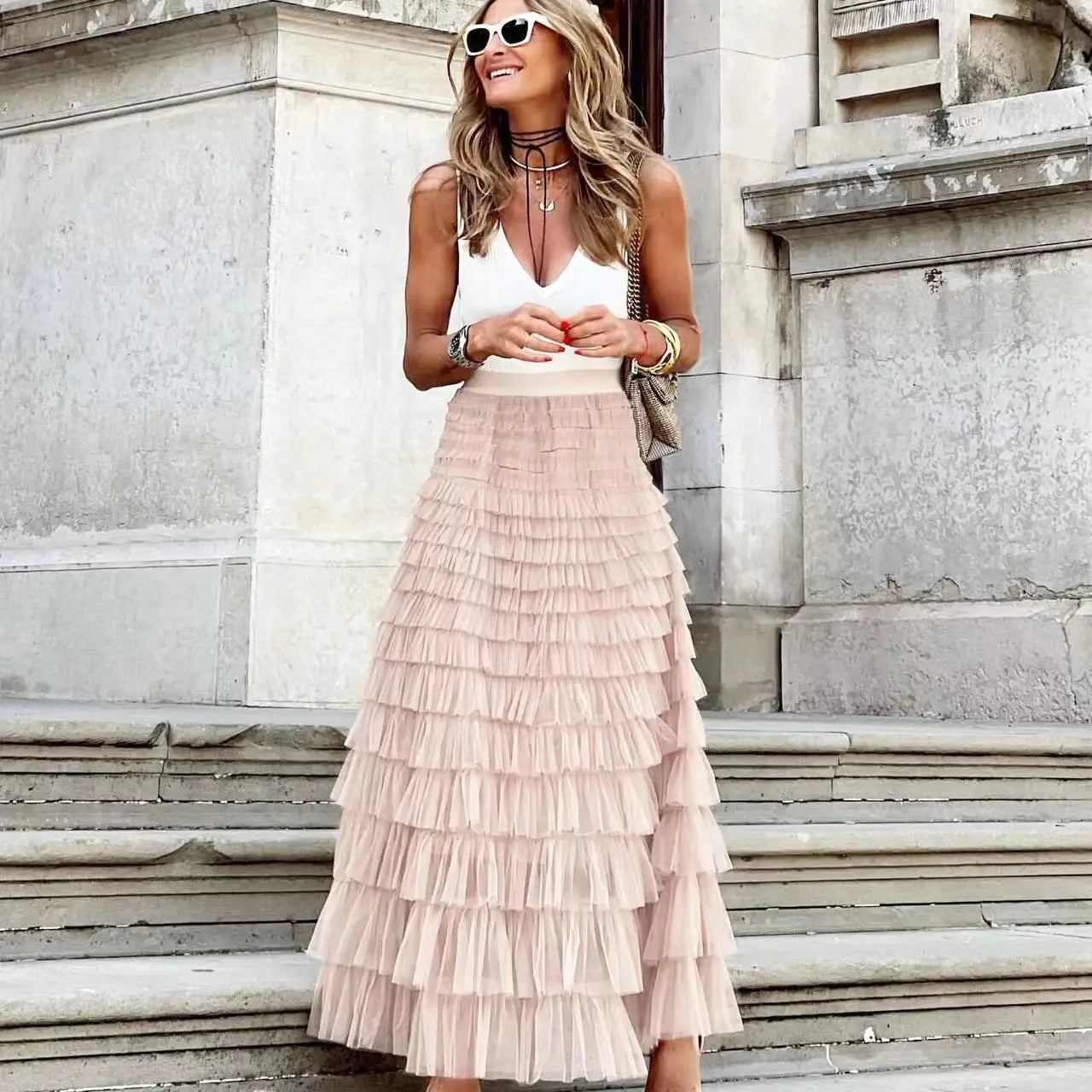 New Casual Womens Solid Ball Gown Long Skirt Tulle High Waist Pleated Elegant Ladies Wild Mesh Dating Maxi Skirts Drop Pink LYQ258