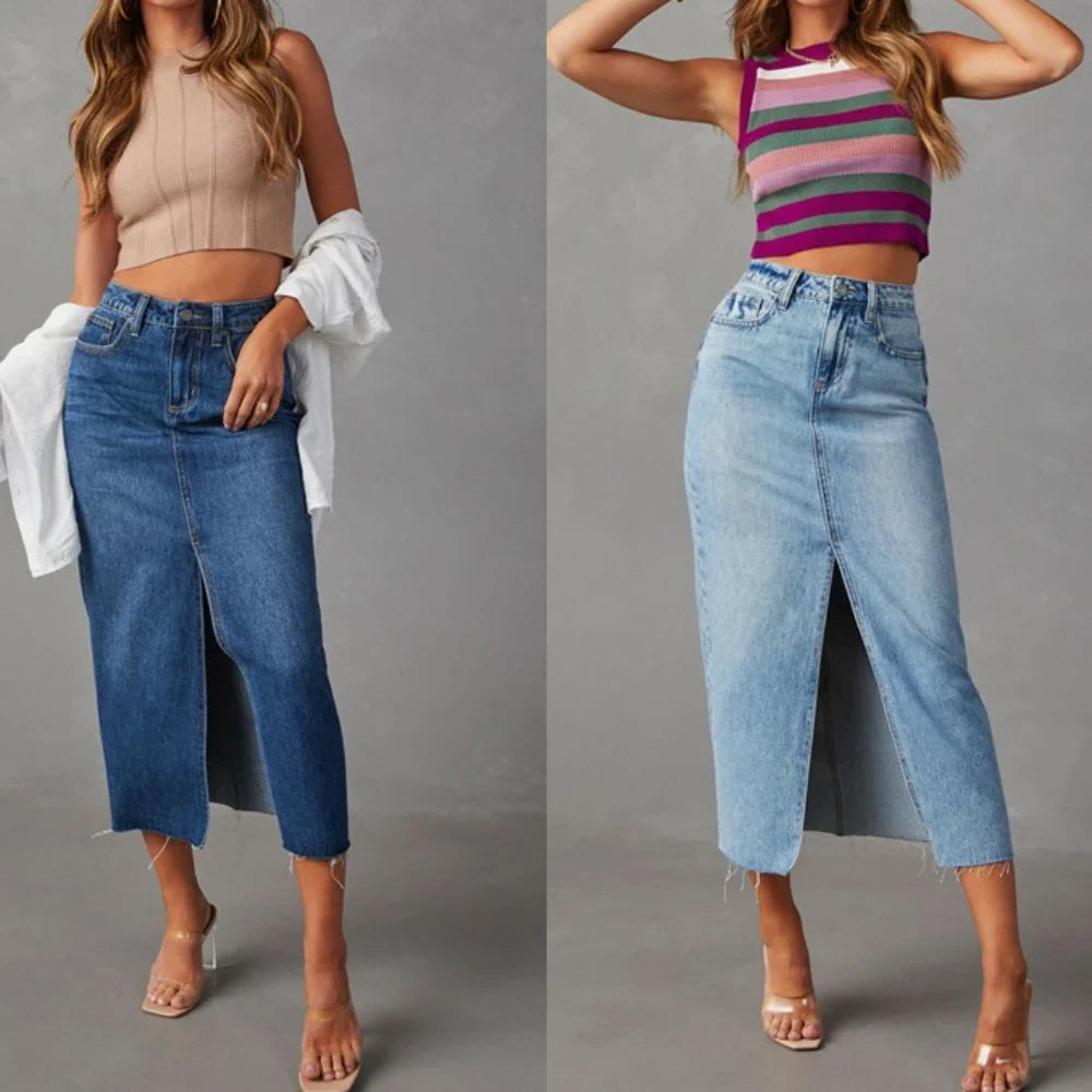 Vintage Y2k Blue Skirt Pocket Jeans Tassel Maxi Spring Autumn Slit Stretch Denim Club E-girl Streetwear Skirts Maxi Long Skirt