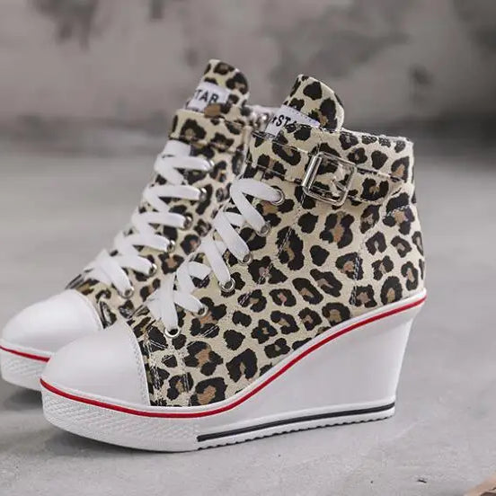 High Top Canvas Women Wedge Shoes Women's Denim Ankle Lace Up Ladies Ankle Canvas Shoes Woman 8cm Heels Sneakers Leopard