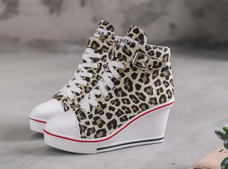 High Top Canvas Women Wedge Shoes Women's Denim Ankle Lace Up Ladies Ankle Canvas Shoes Woman 8cm Heels Sneakers Leopard