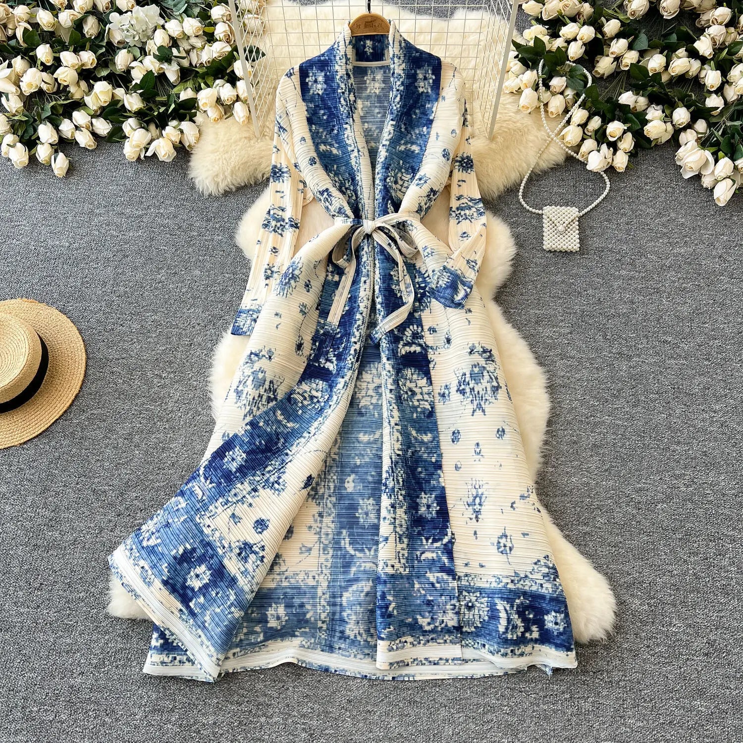 XFPV Elegant Style Long Sleeve Lapel Waist Cinching Strap Pleated Print Dress Vestidos For Women Y2k Korean Fashion Autumn 2024 Blue Apricot One Size