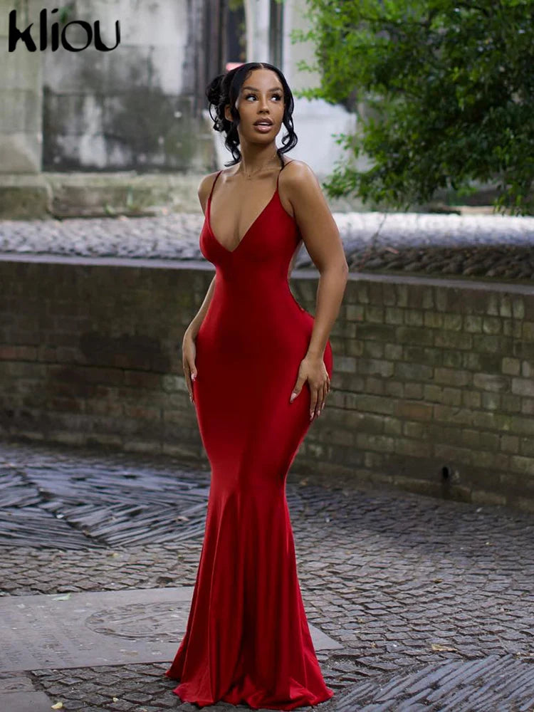 Shiny Spaghetti Strap Maxi Dress Women Solid Sexy Backless Ruched Cleavage Body-shaping Robe Lady Hipster Street Clothing