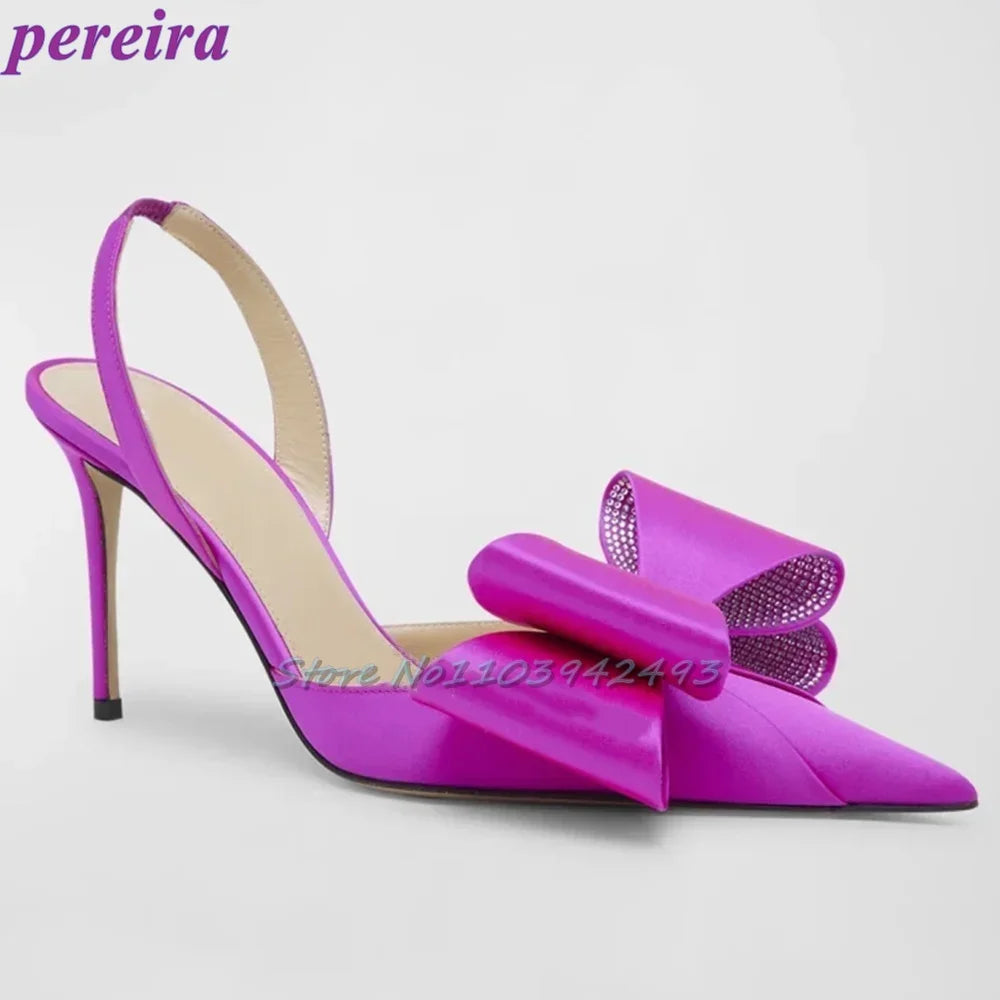 Butterfly-Knot Satin Rhinestones Sandals Pointed Toe High Heels Kitten Heel Women Luxury Designer Mules Solid Back Strap Shoes