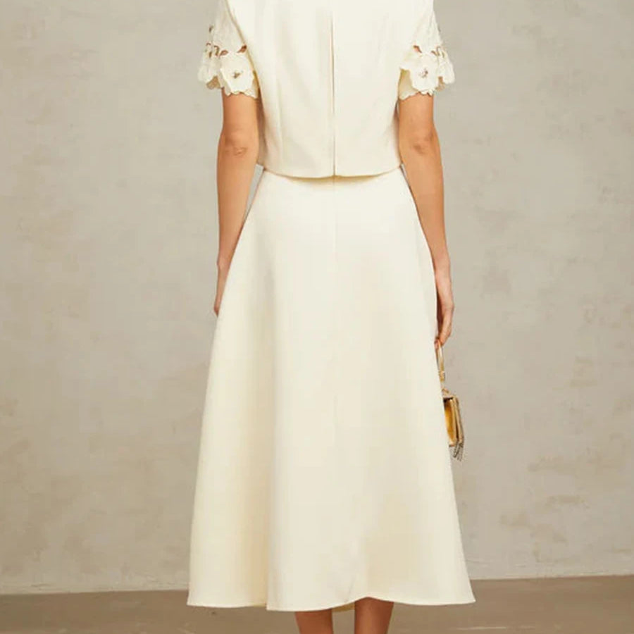 TWOTWINSTYLE Solid Fashion Two Piece Sets for Women Round Neck Short Sleeves Patcwork Applique Top High Waist Skirt Set Female