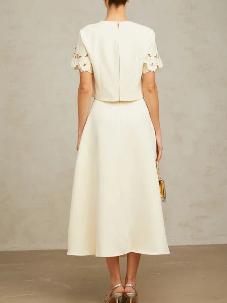 TWOTWINSTYLE Solid Fashion Two Piece Sets for Women Round Neck Short Sleeves Patcwork Applique Top High Waist Skirt Set Female